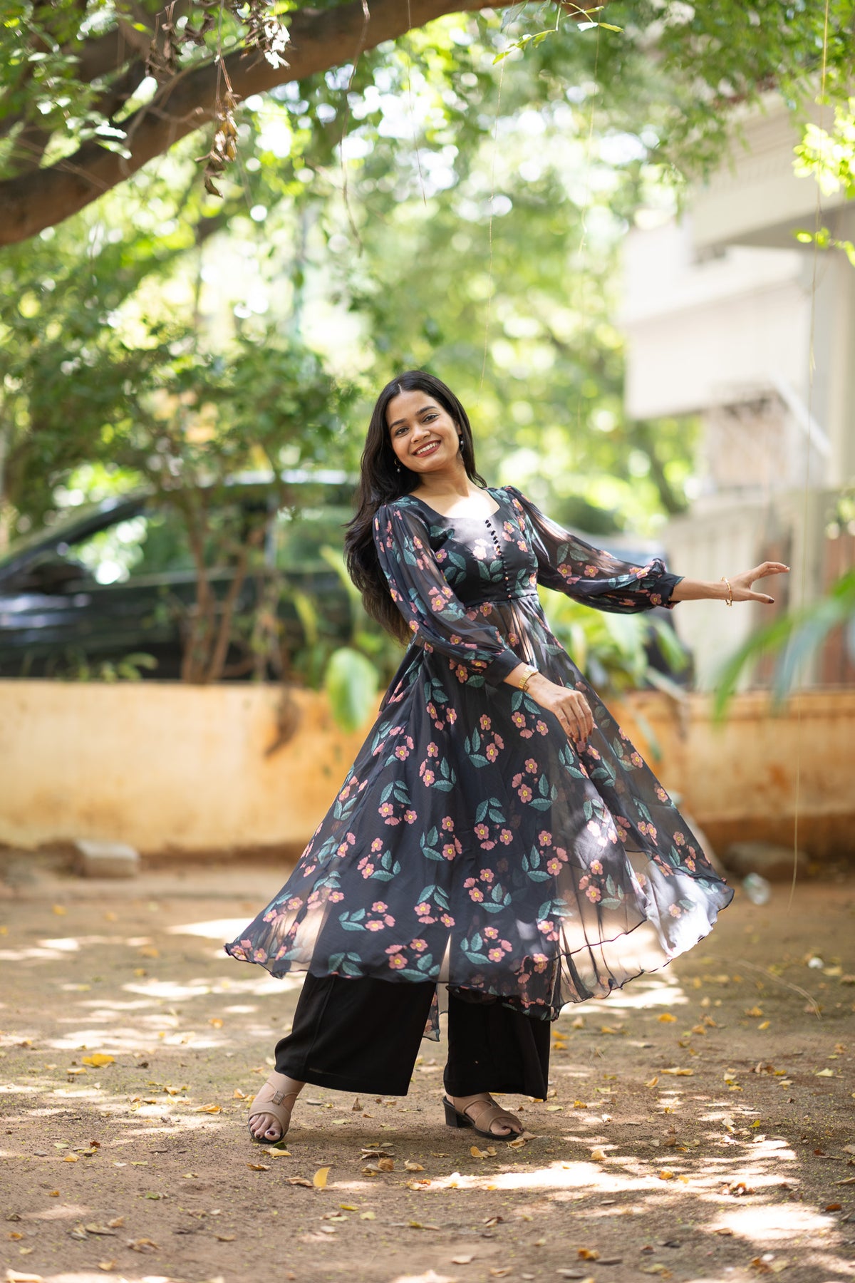 Black Floral Chiffon Kurti Set