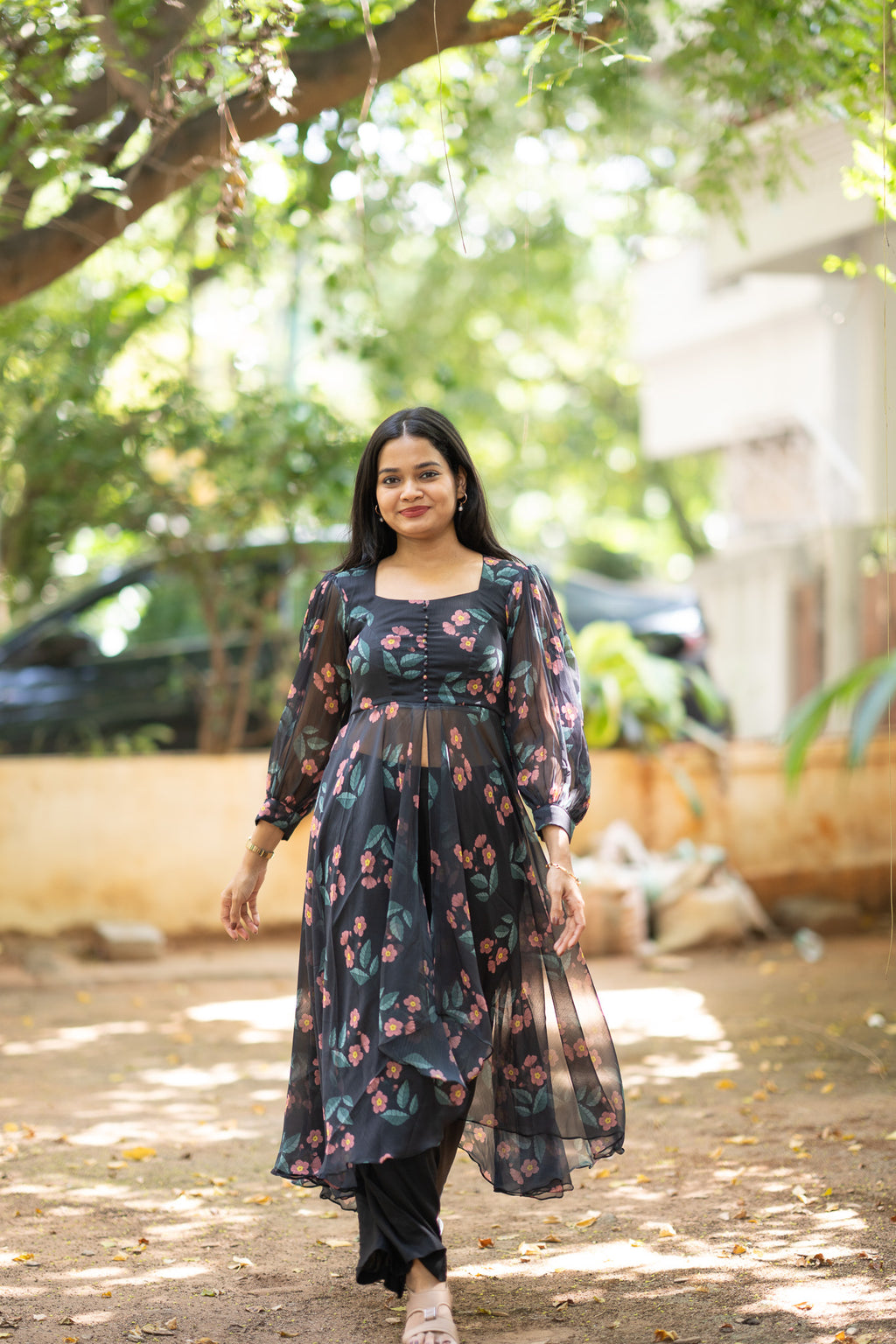 Black Floral Chiffon Kurti Set