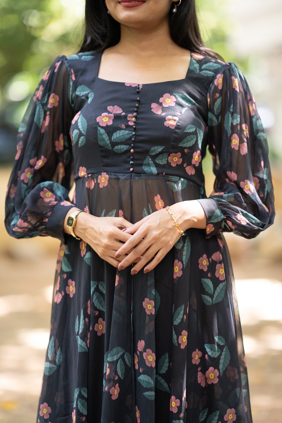 Black Floral Chiffon Kurti Set