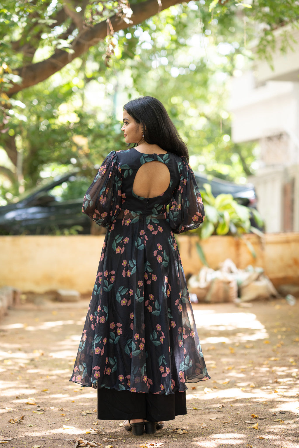 Black Floral Chiffon Kurti Set