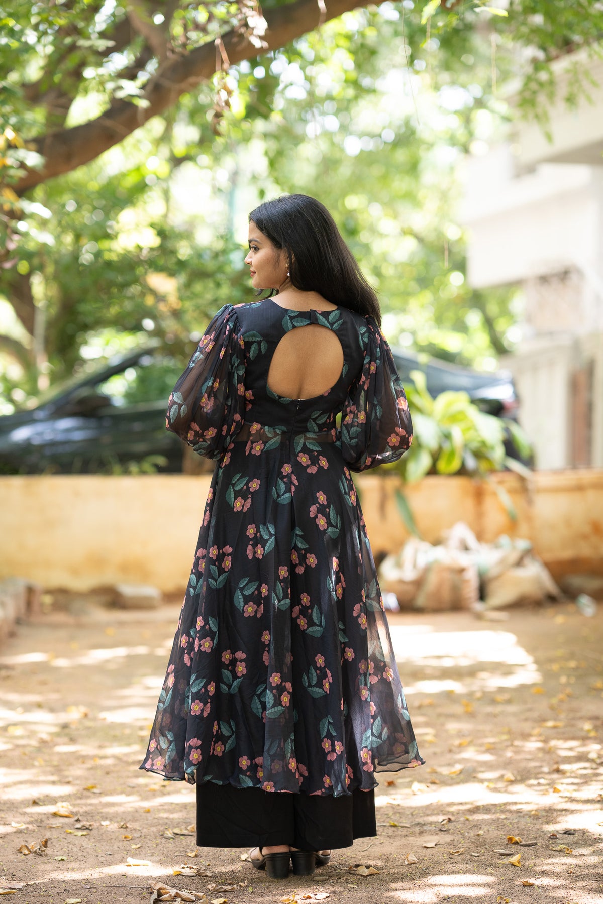 Black Floral Chiffon Kurti Set
