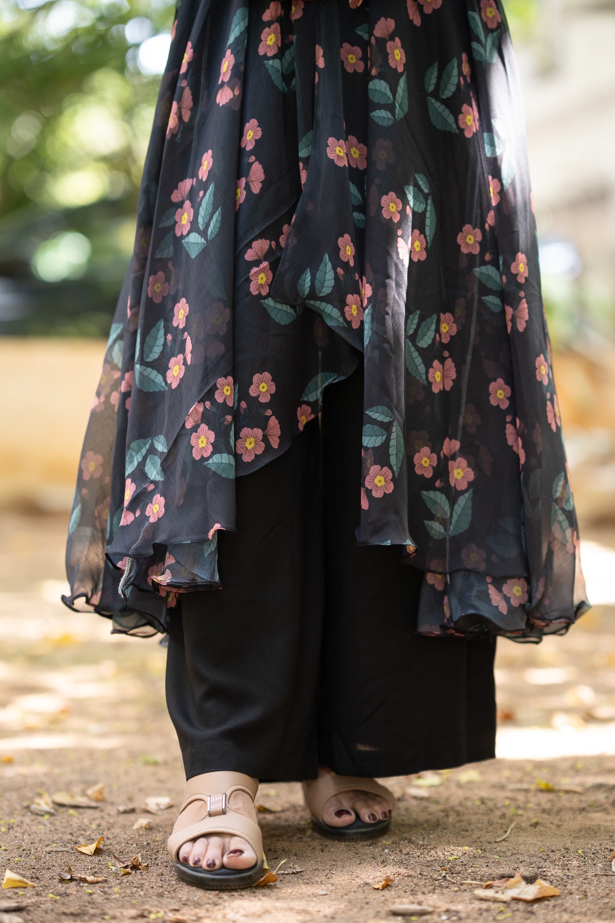Black Floral Chiffon Kurti Set