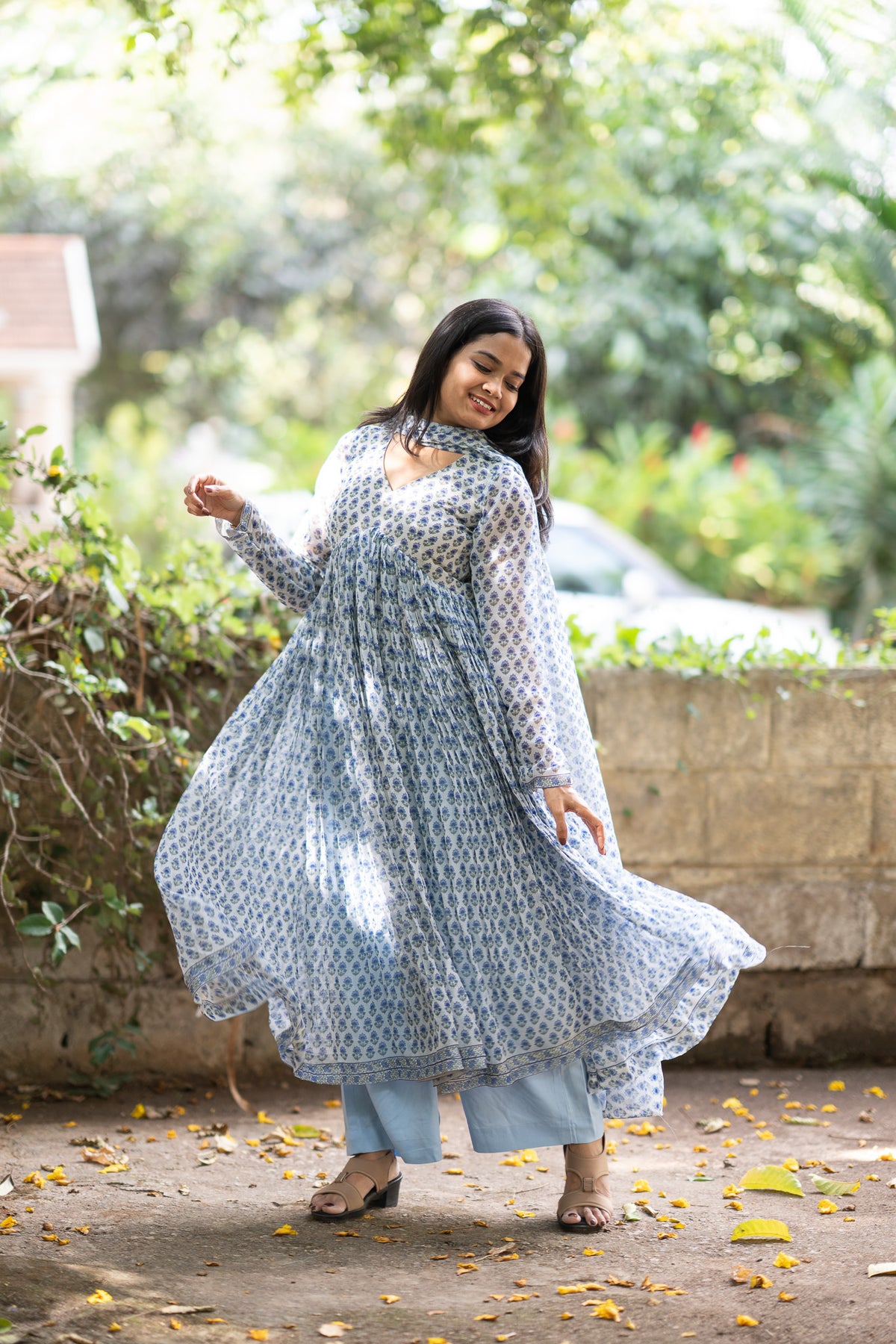 Blue Garden Chiffon Kurti Set