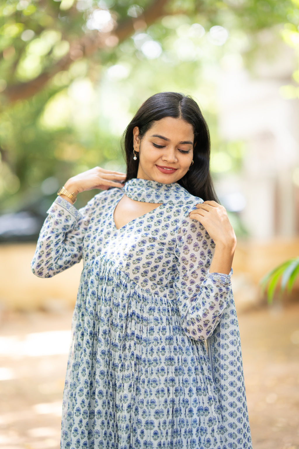 Blue Garden Chiffon Kurti Set