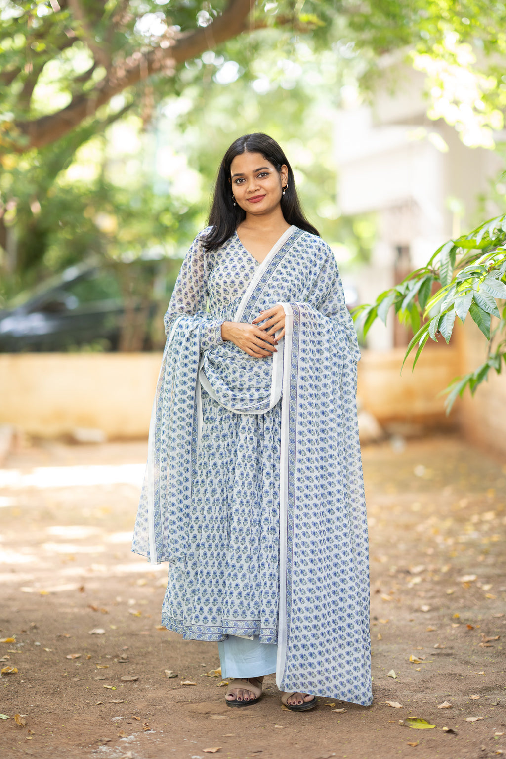 Blue Garden Chiffon Kurti Set