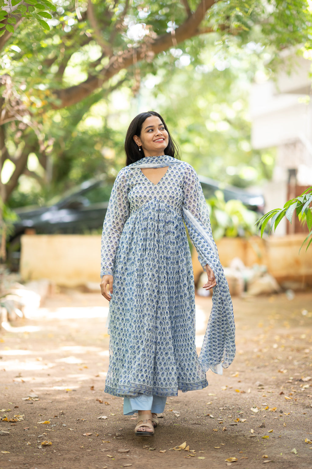 Blue Garden Chiffon Kurti Set