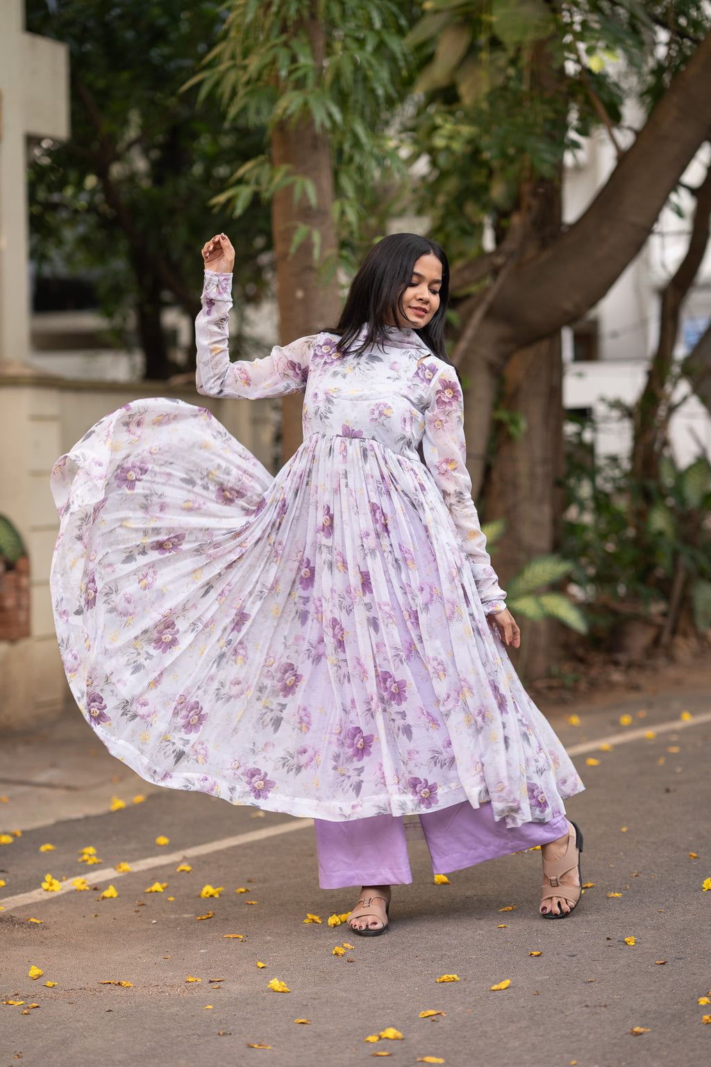 Lavender Bloom Chiffon Kurti Set