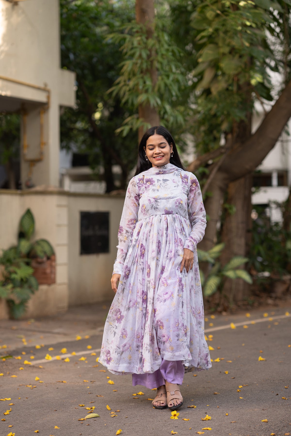 Lavender Bloom Chiffon Kurti Set