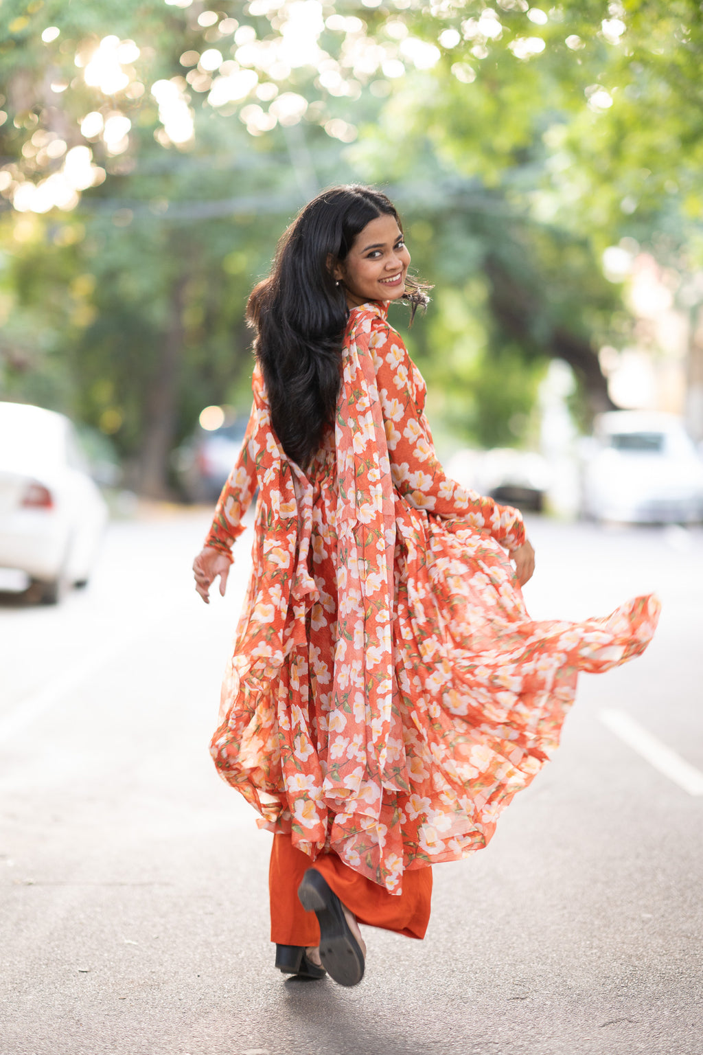 Coral Bloom Chiffon Kurti Set