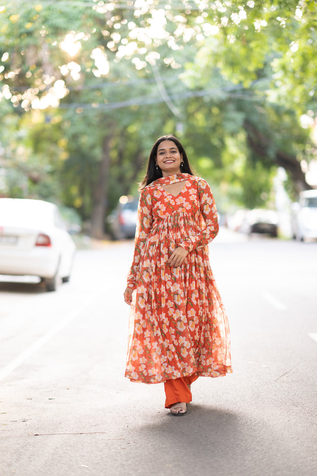 Coral Bloom Chiffon Kurti Set