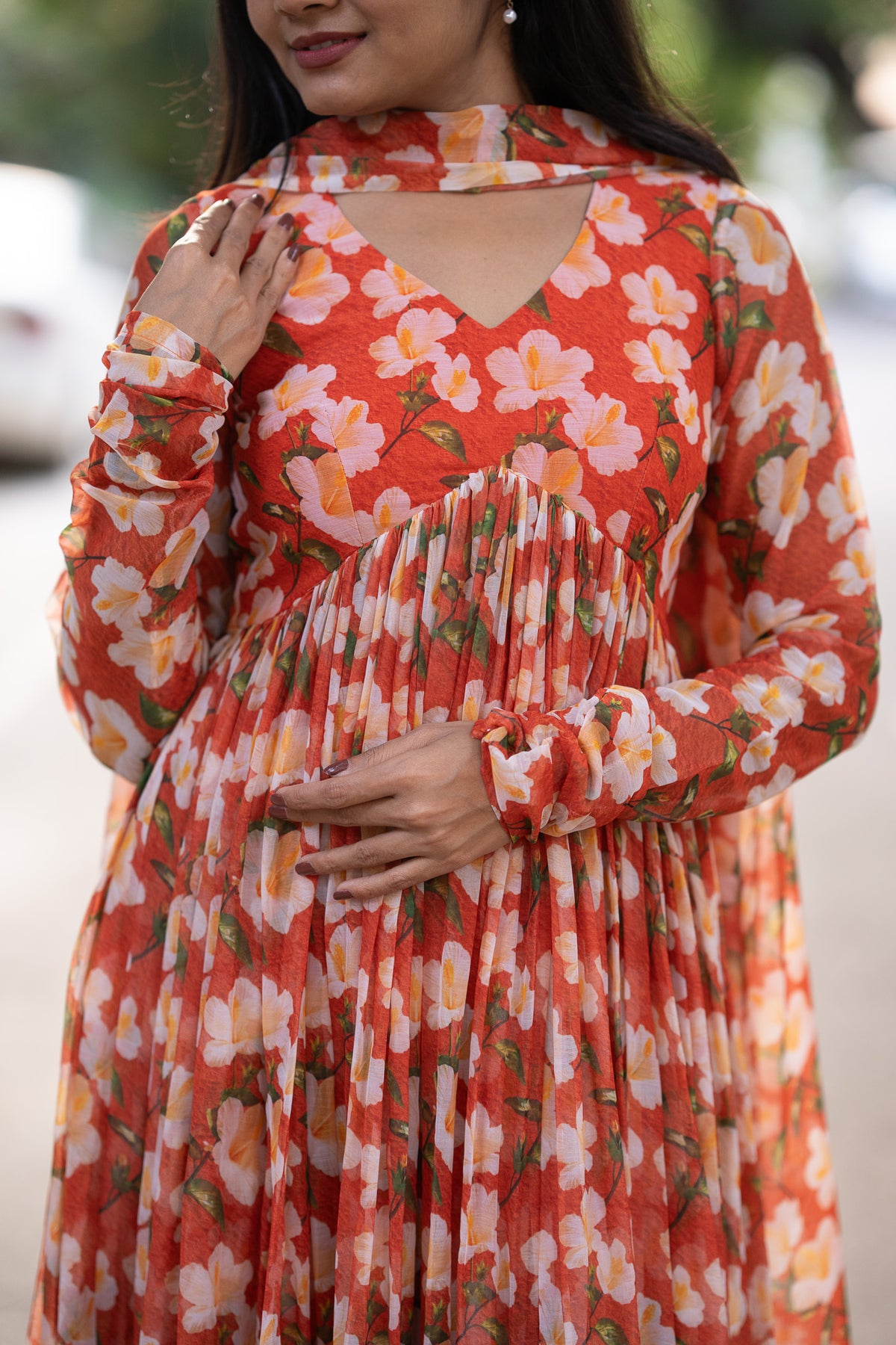 Coral Bloom Chiffon Kurti Set