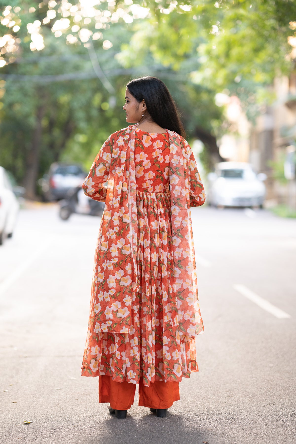 Coral Bloom Chiffon Kurti Set