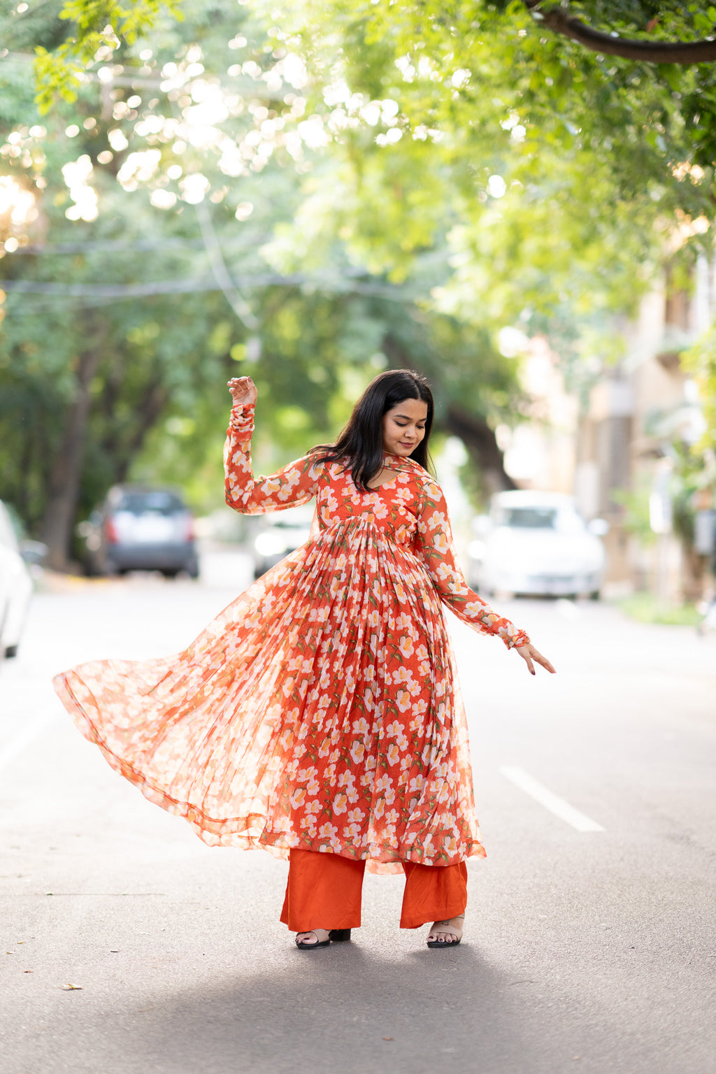 Coral Bloom Chiffon Kurti Set