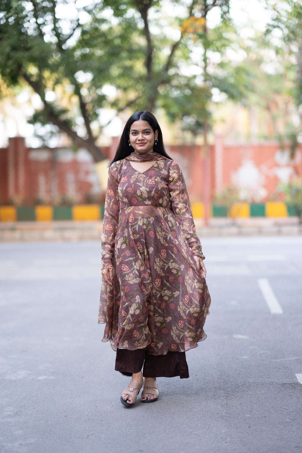 Mauve Floral Chiffon Kurti Set