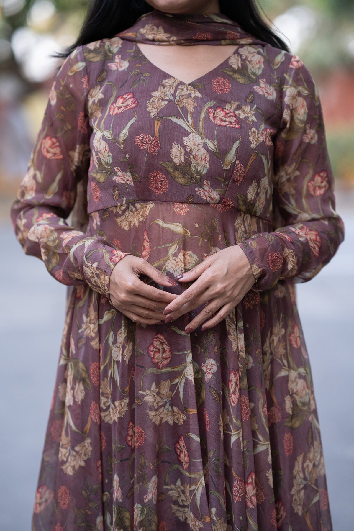 Mauve Floral Chiffon Kurti Set