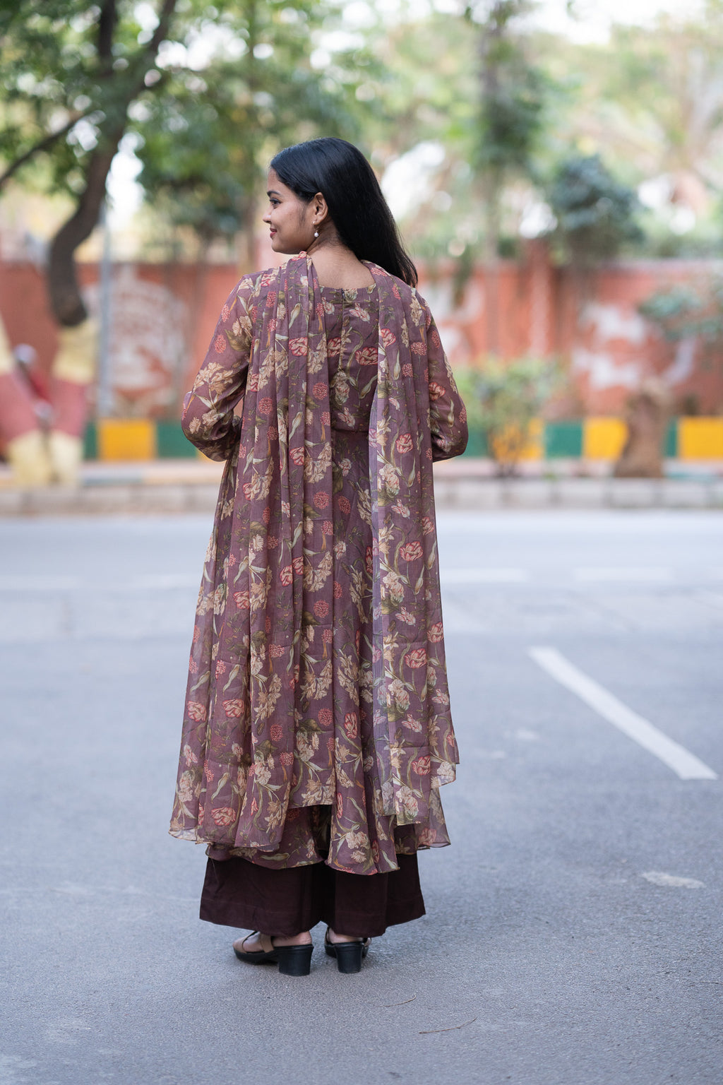 Mauve Floral Chiffon Kurti Set