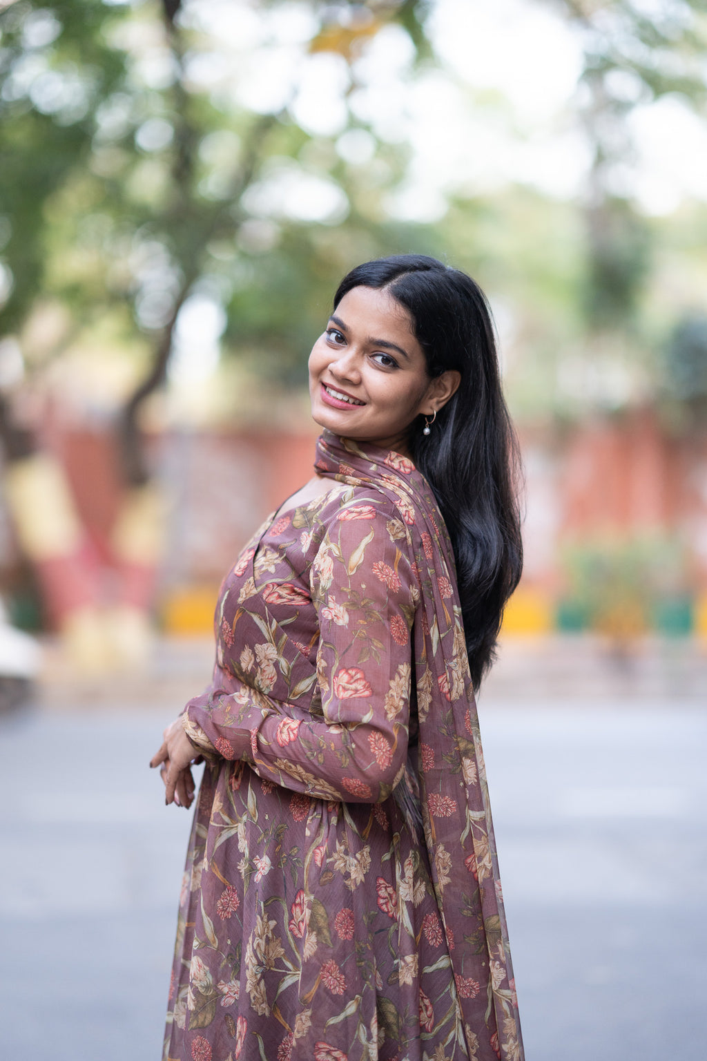 Mauve Floral Chiffon Kurti Set