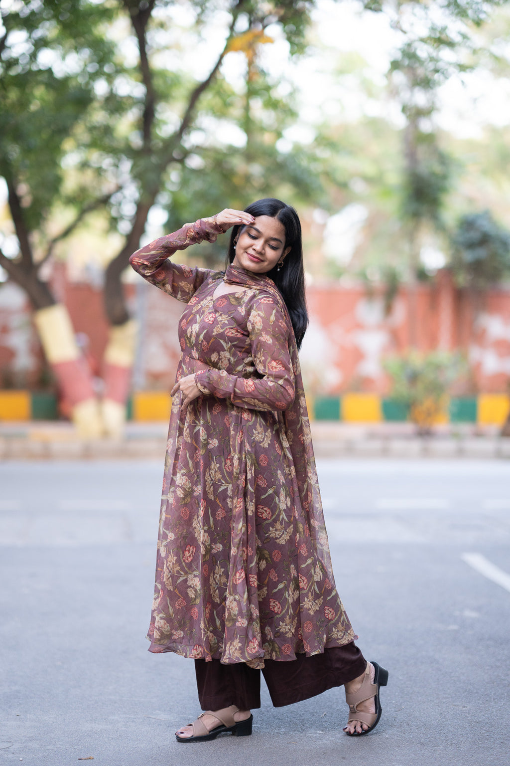 Mauve Floral Chiffon Kurti Set
