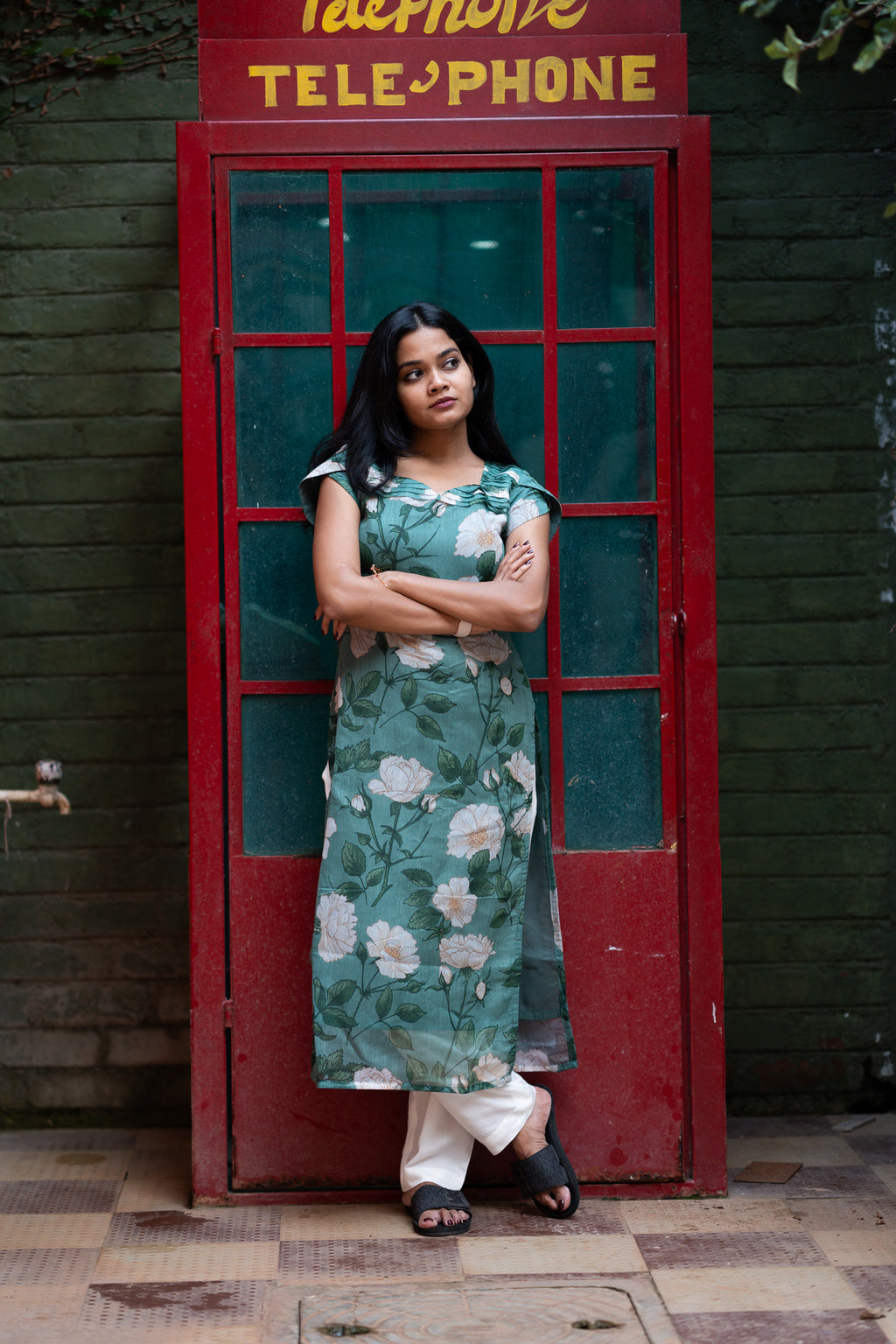 Aqua Floral Chanderi Kurti Set