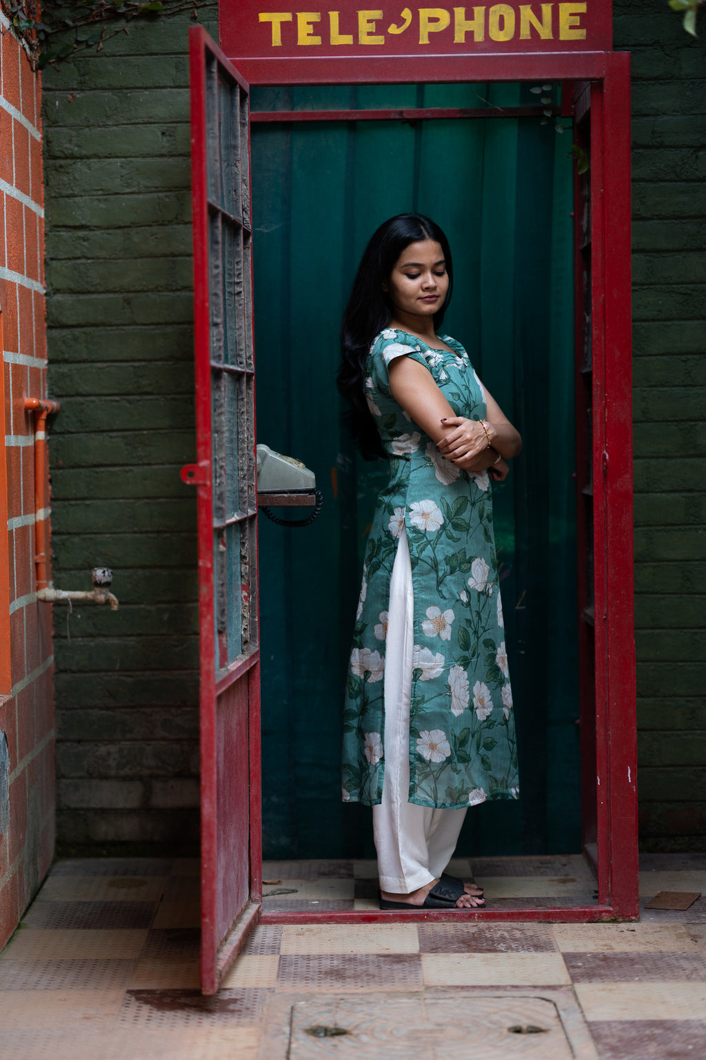 Aqua Floral Chanderi Kurti Set
