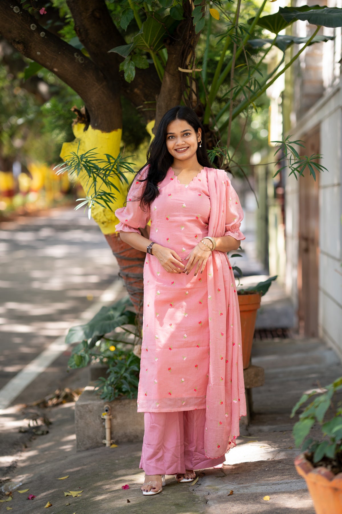 Blush Embroidered Chiffon Kurti Set