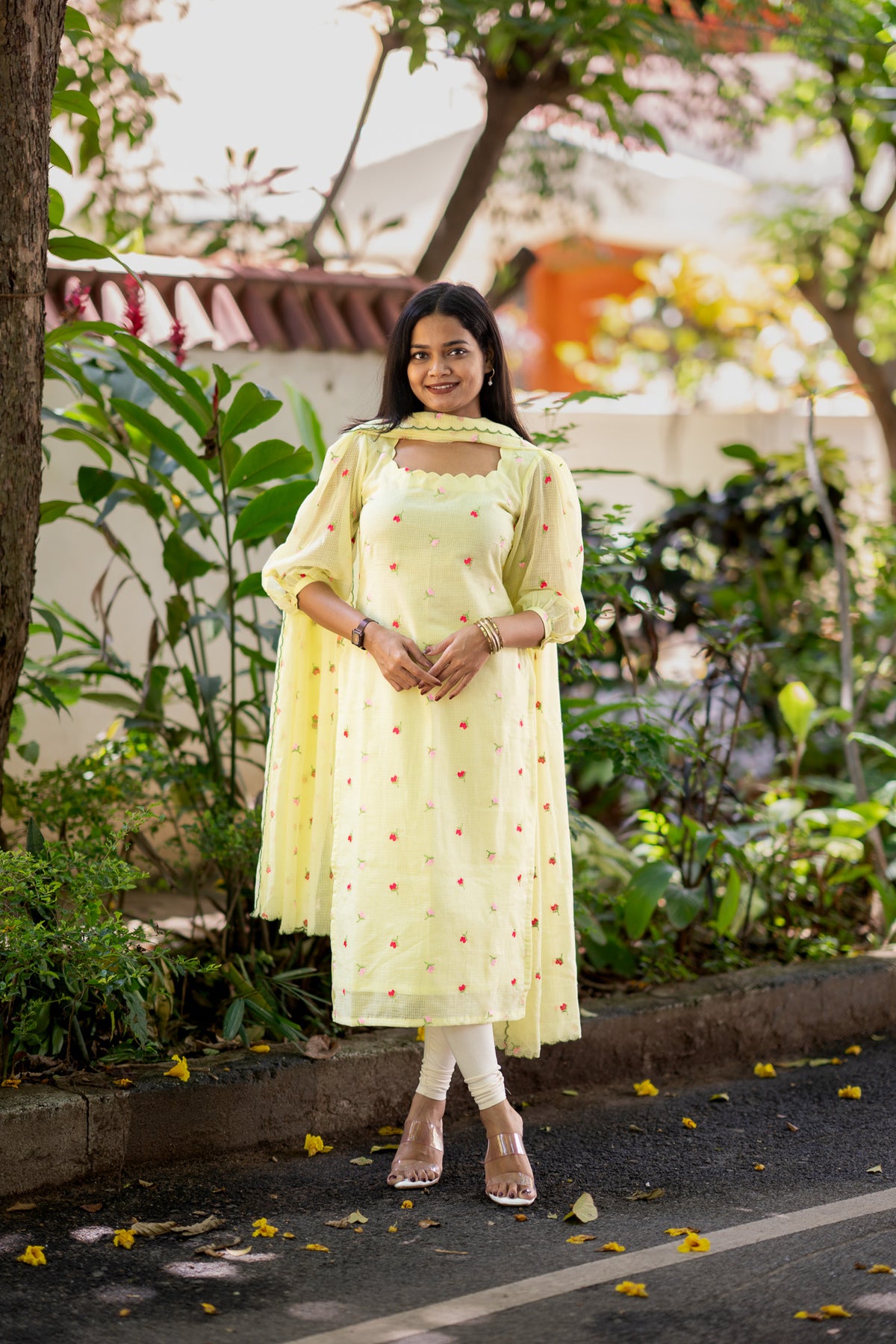 Lemon Embroidered Chiffon Kurti Set