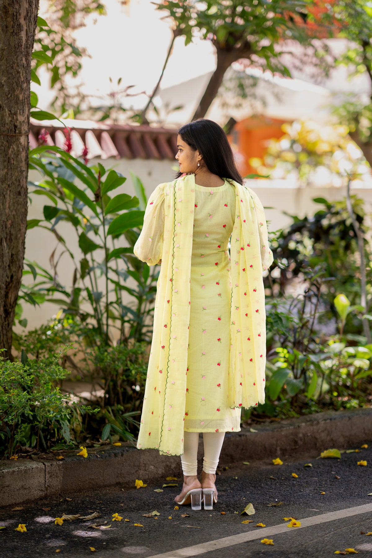Lemon Embroidered Chiffon Kurti Set