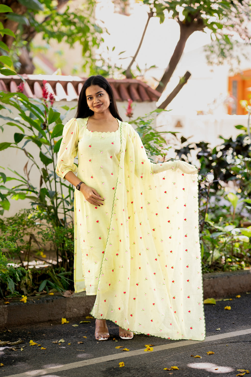 Lemon Embroidered Chiffon Kurti Set