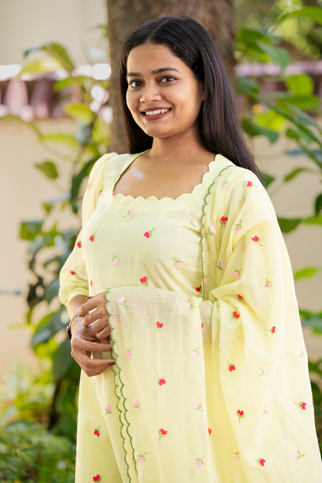 Lemon Embroidered Chiffon Kurti Set