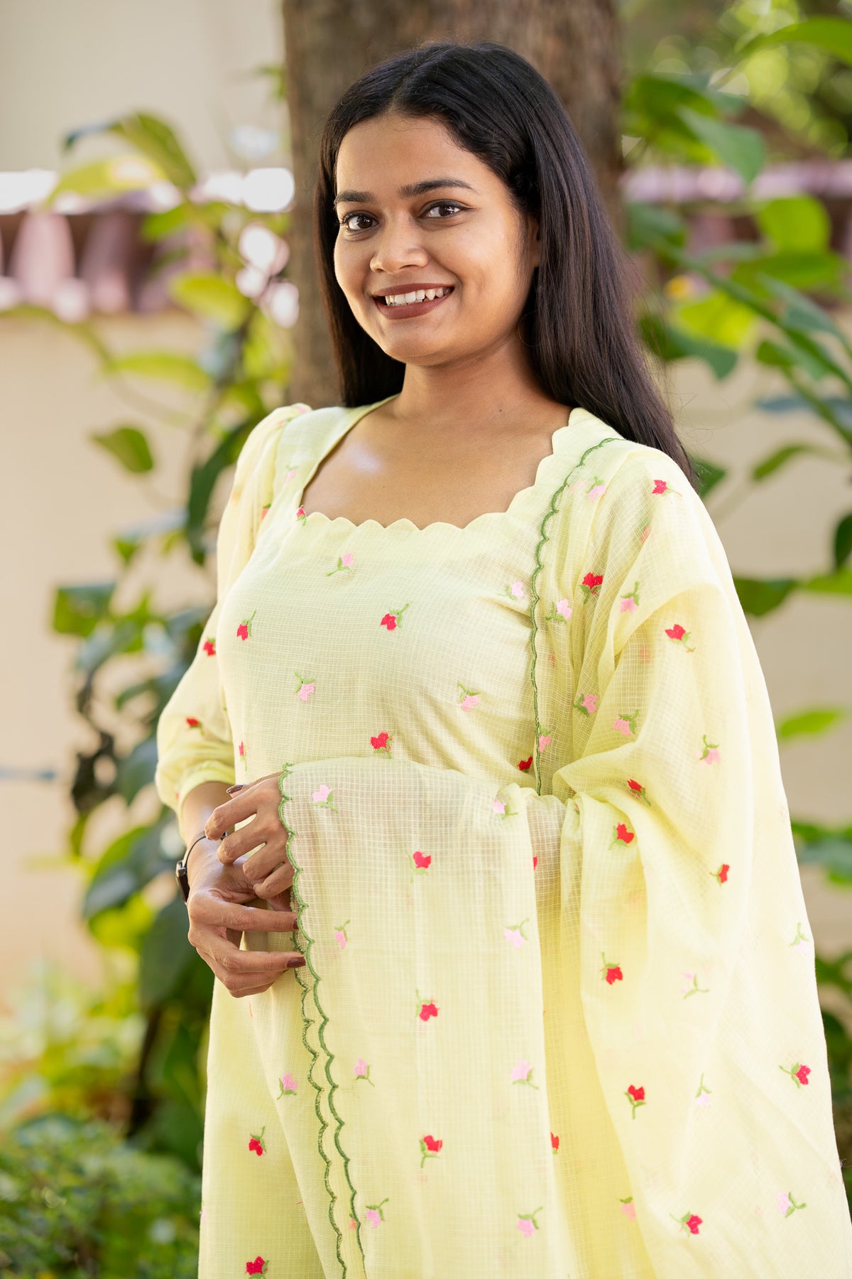 Lemon Embroidered Chiffon Kurti Set