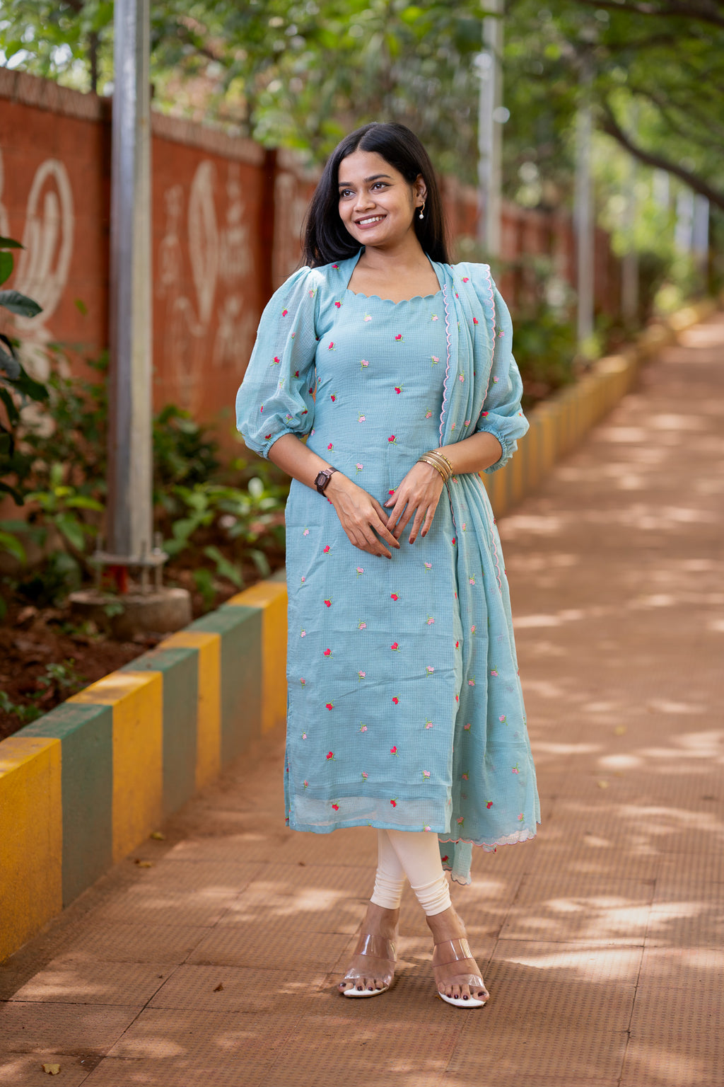 Blue Mist Embroidered Chiffon Kurti Set
