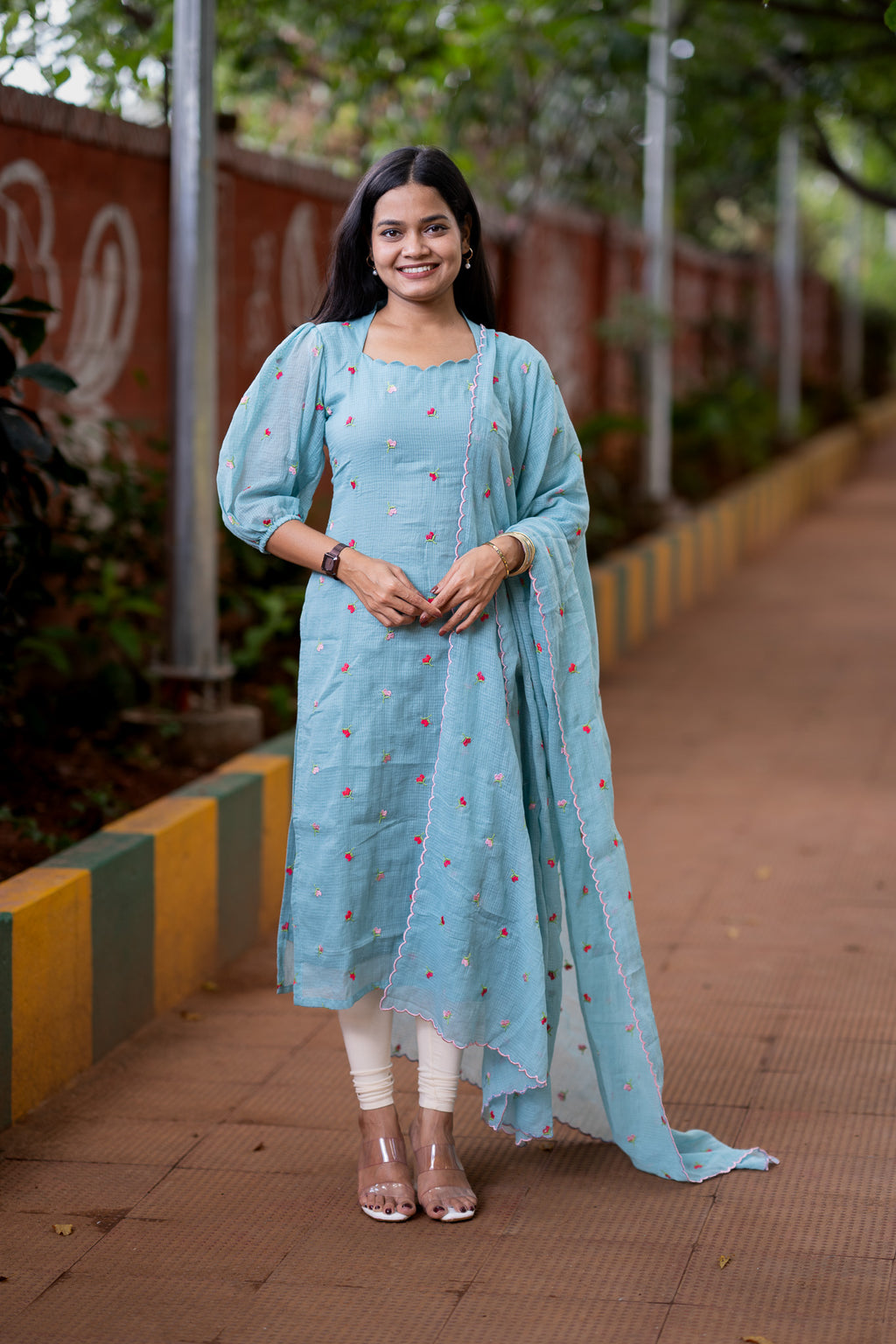 Blue Mist Embroidered Chiffon Kurti Set