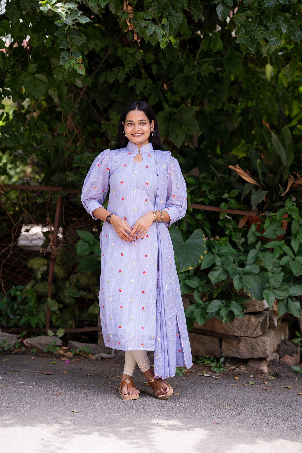 Lilac Blossom Embroidered Chiffon Kurti Set