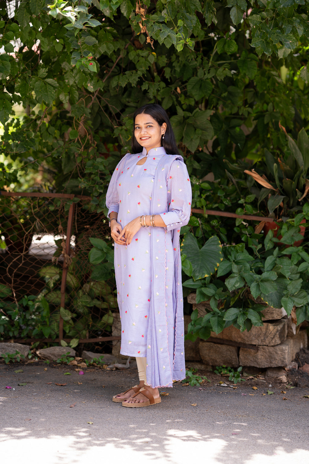 Lilac Blossom Embroidered Chiffon Kurti Set