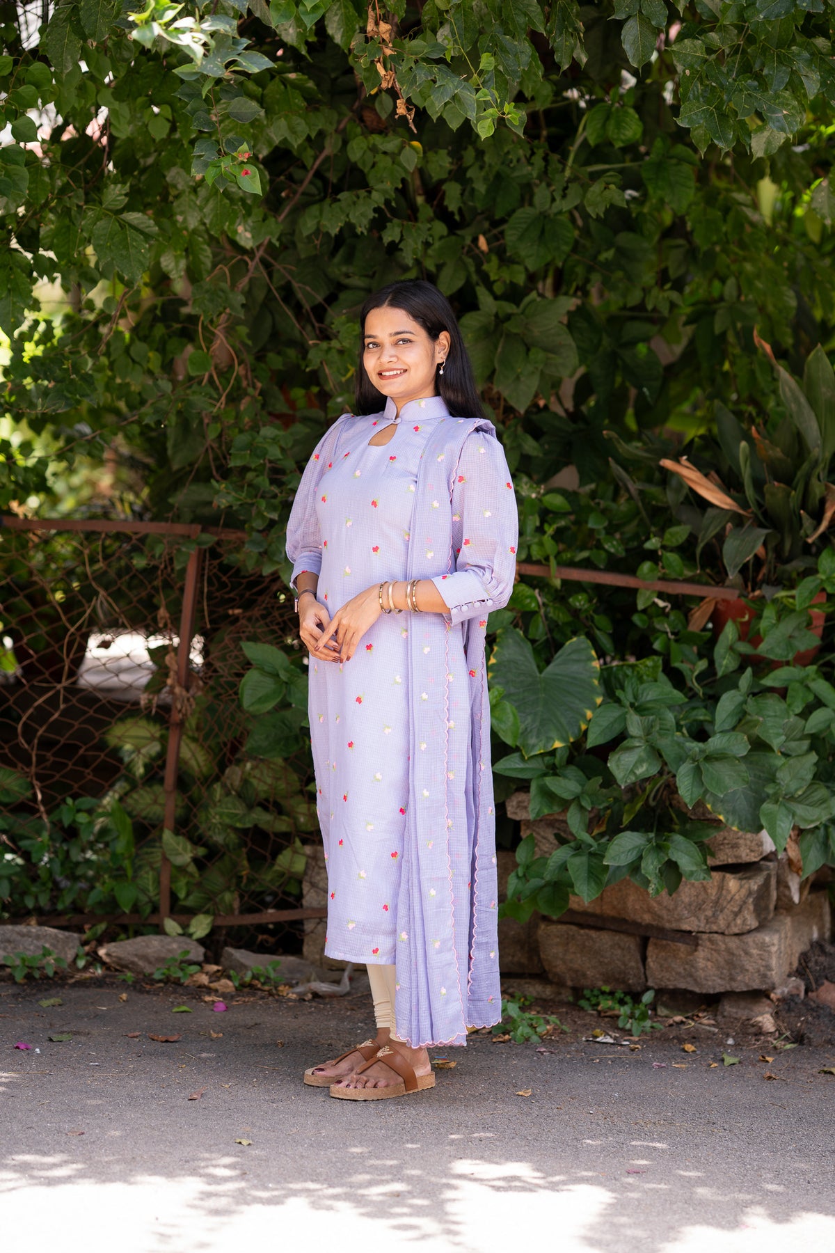 Lilac Blossom Embroidered Chiffon Kurti Set