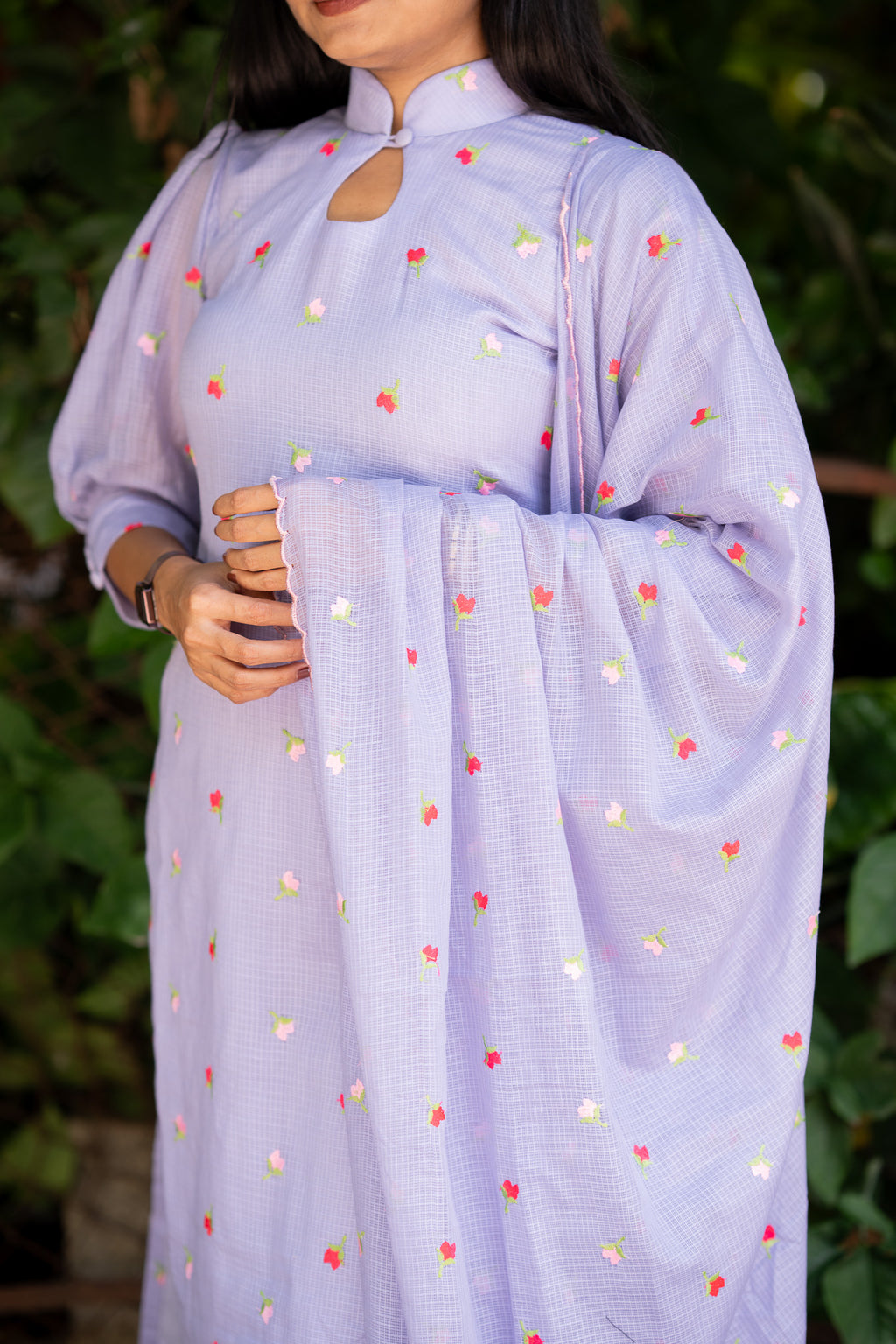 Lilac Blossom Embroidered Chiffon Kurti Set
