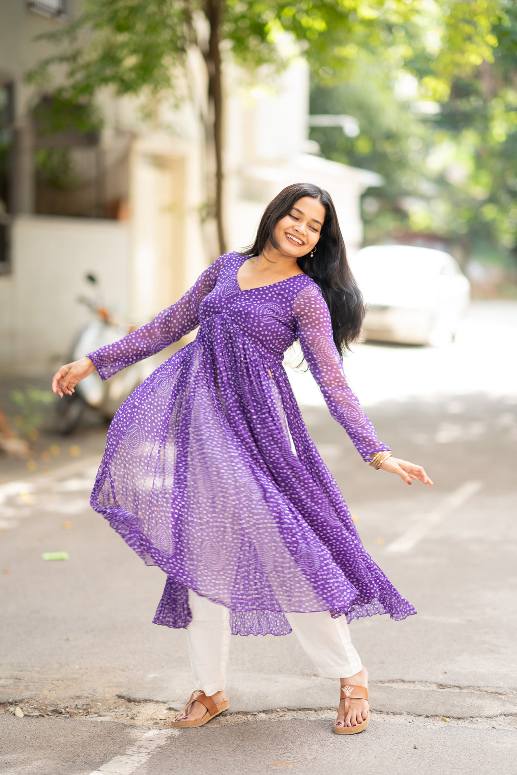 Purple Bandhani Chiffon Kurti Set