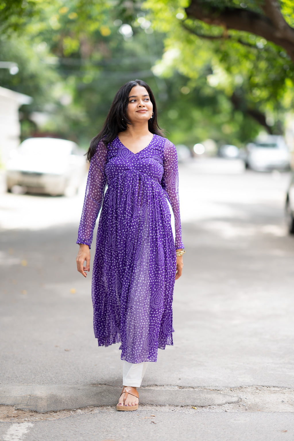 Purple Bandhani Chiffon Kurti Set