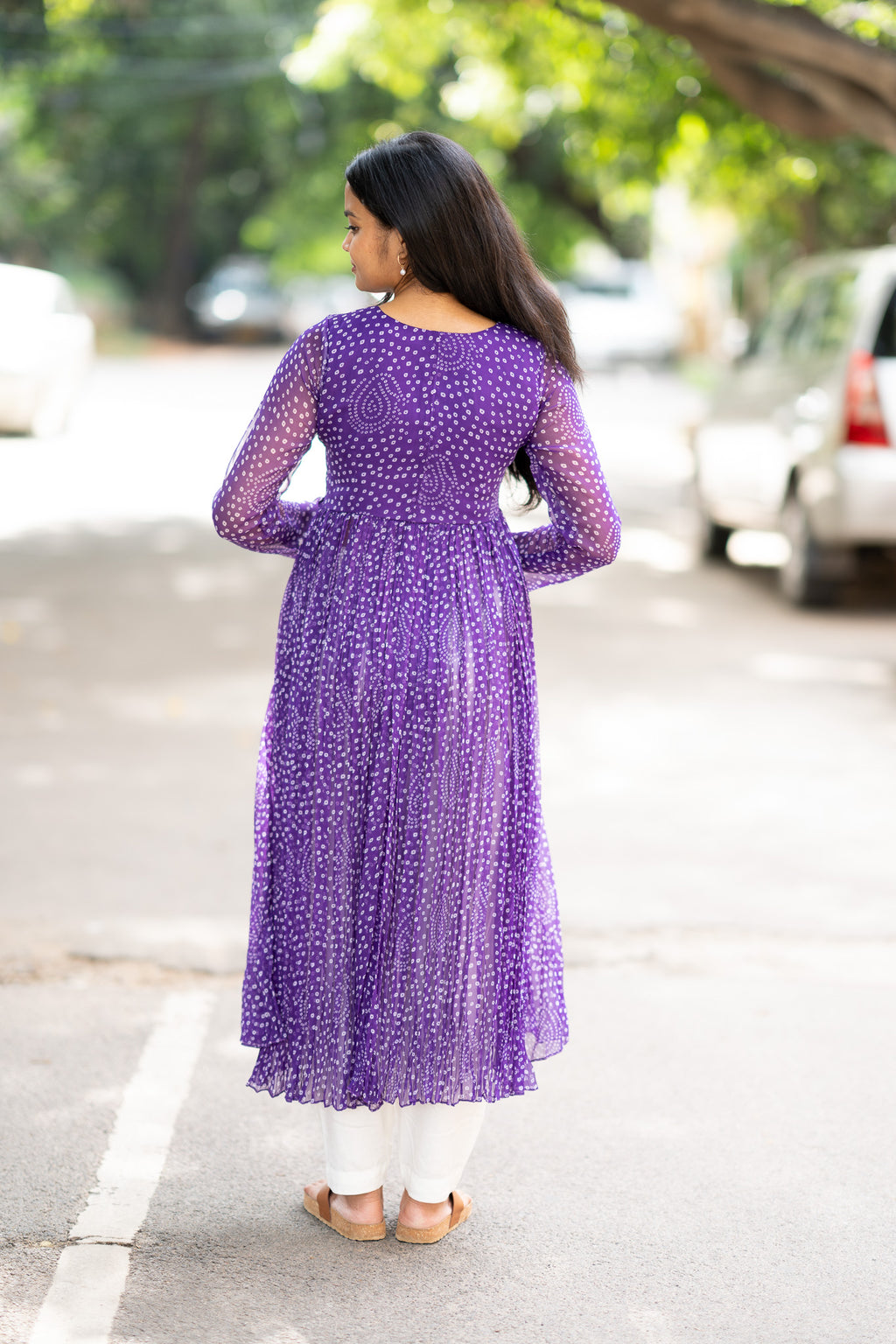 Purple Bandhani Chiffon Kurti Set
