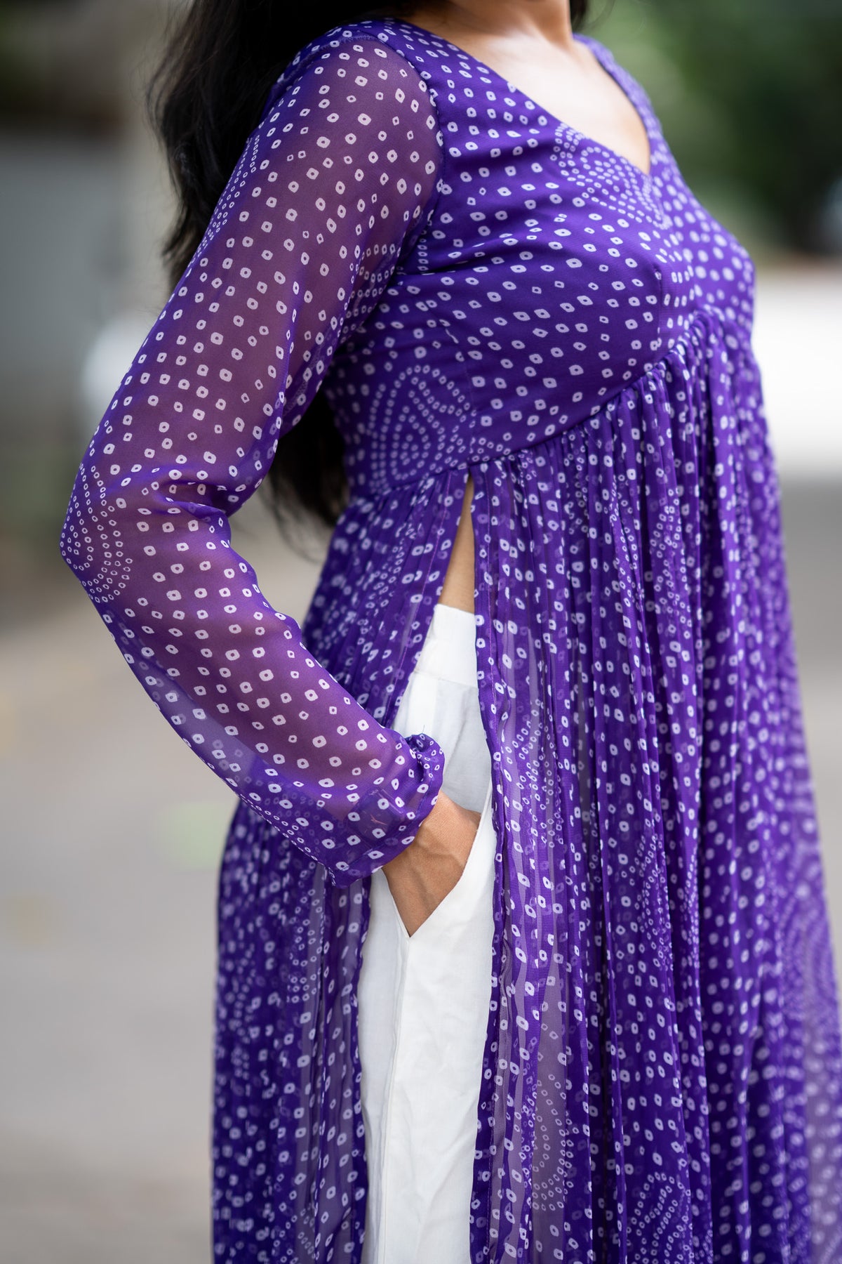 Purple Bandhani Chiffon Kurti Set