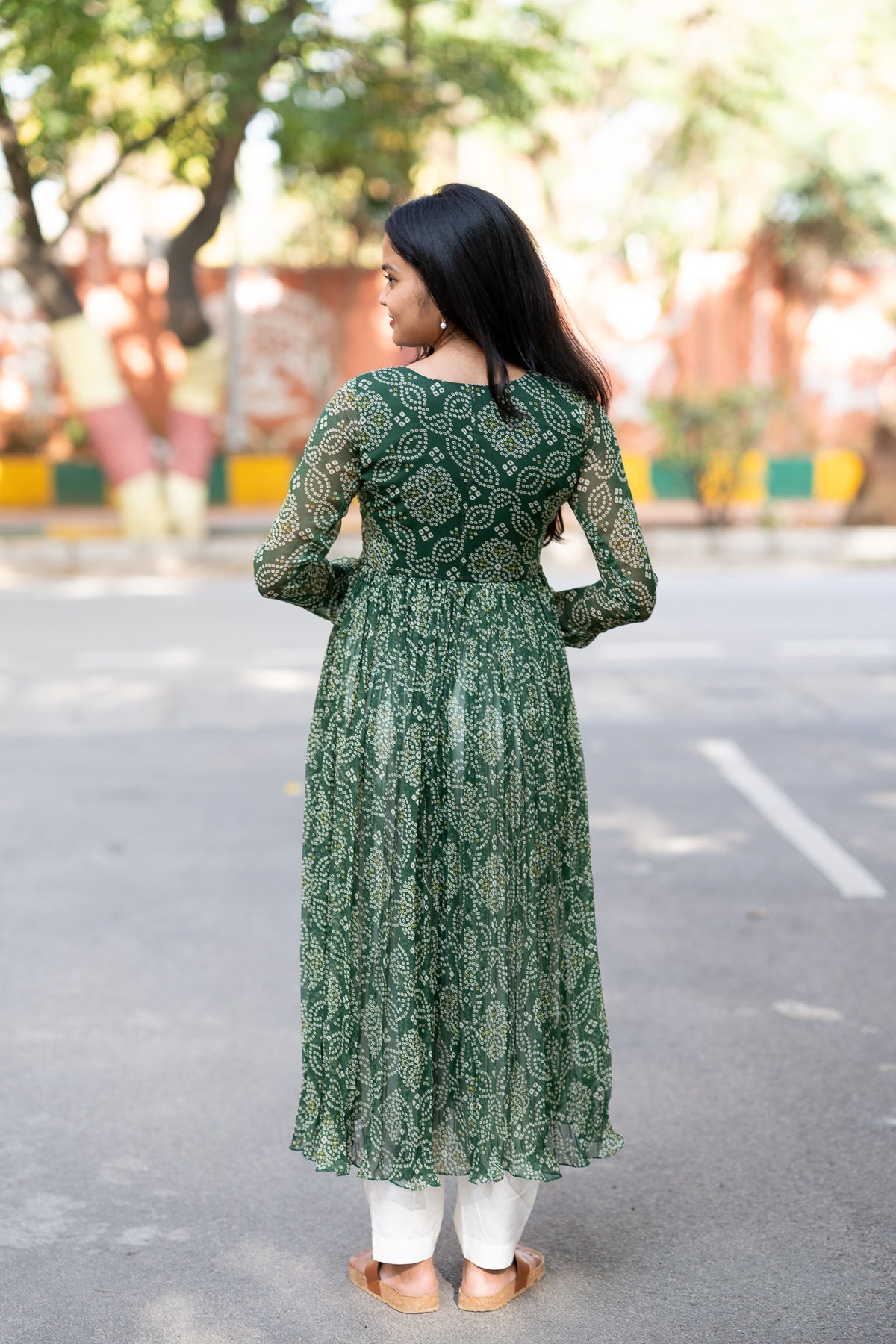 Green Bandhani Chiffon Kurti Set