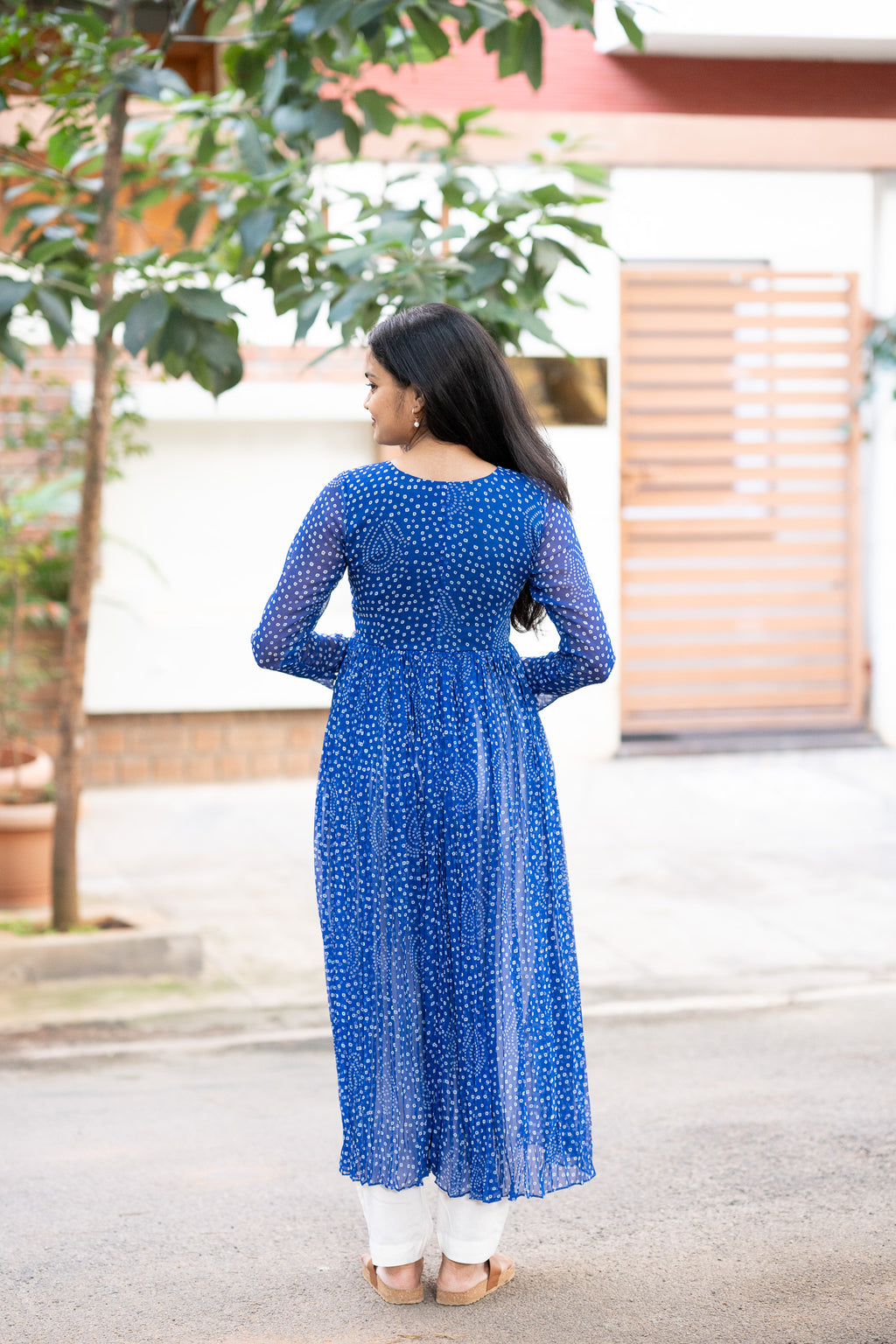 Blue Bandhani Chiffon Kurti Set