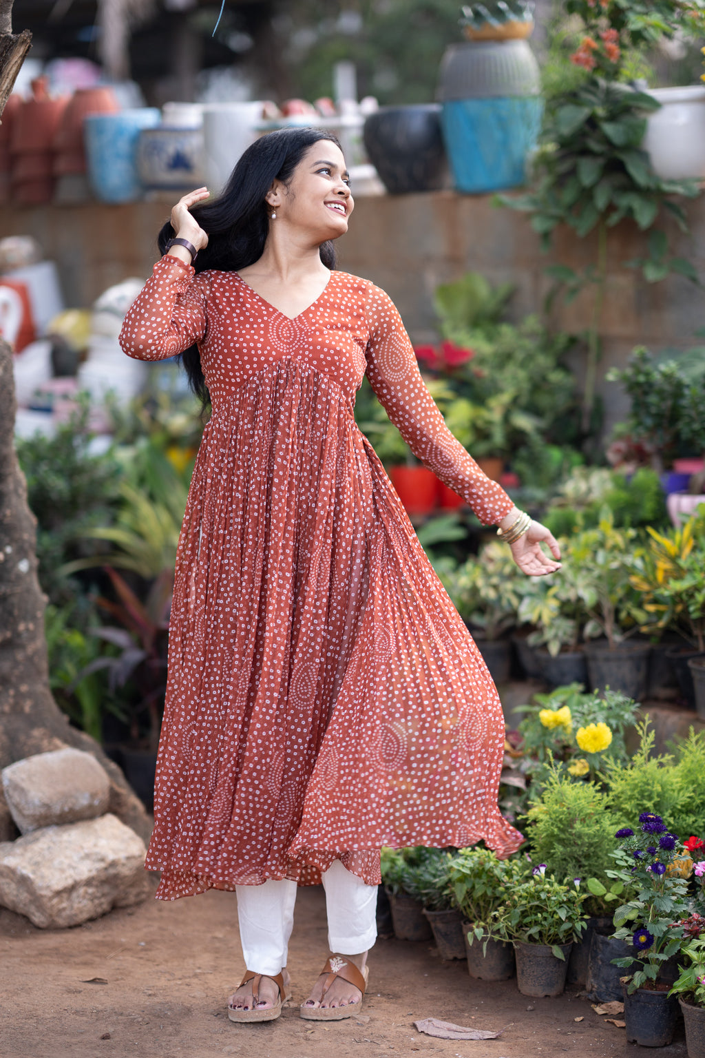 Rust Brown Bandhani Chiffon Kurti Set