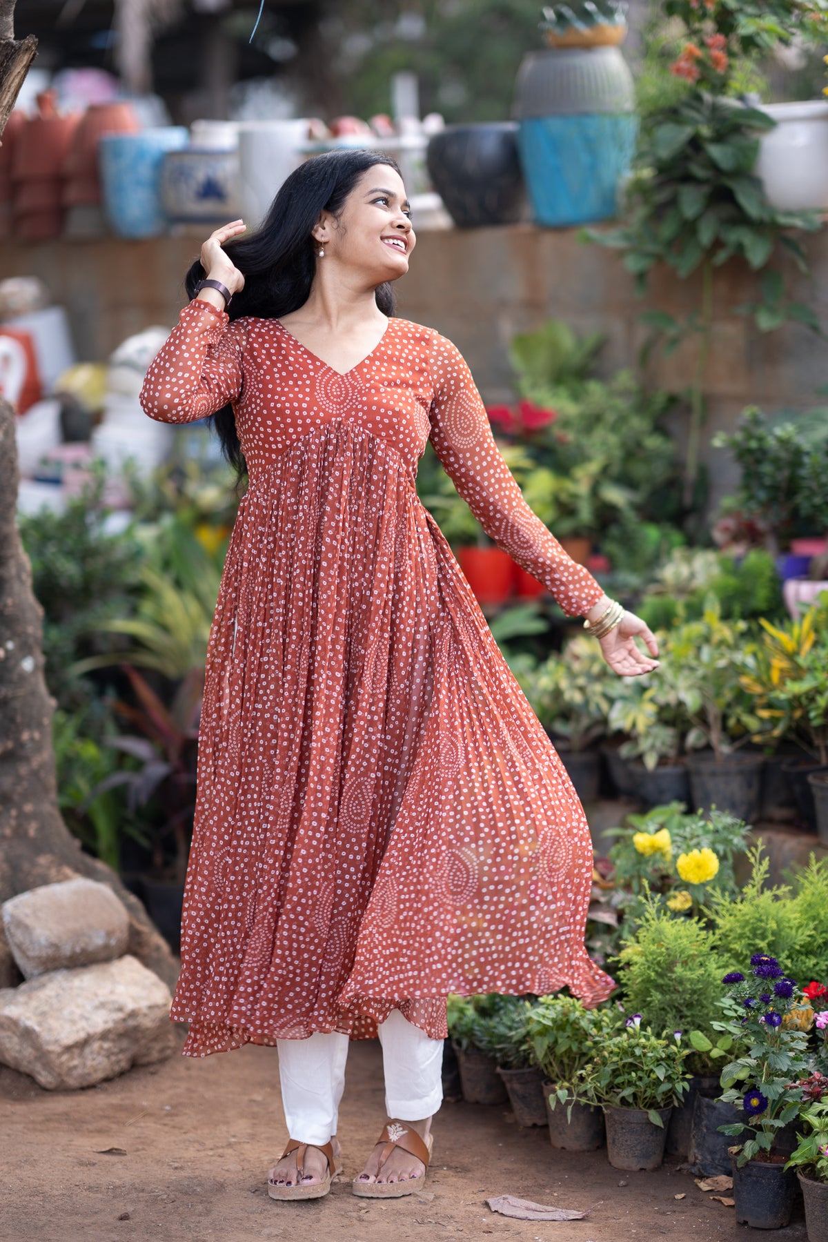 Rust Brown Bandhani Chiffon Kurti Set