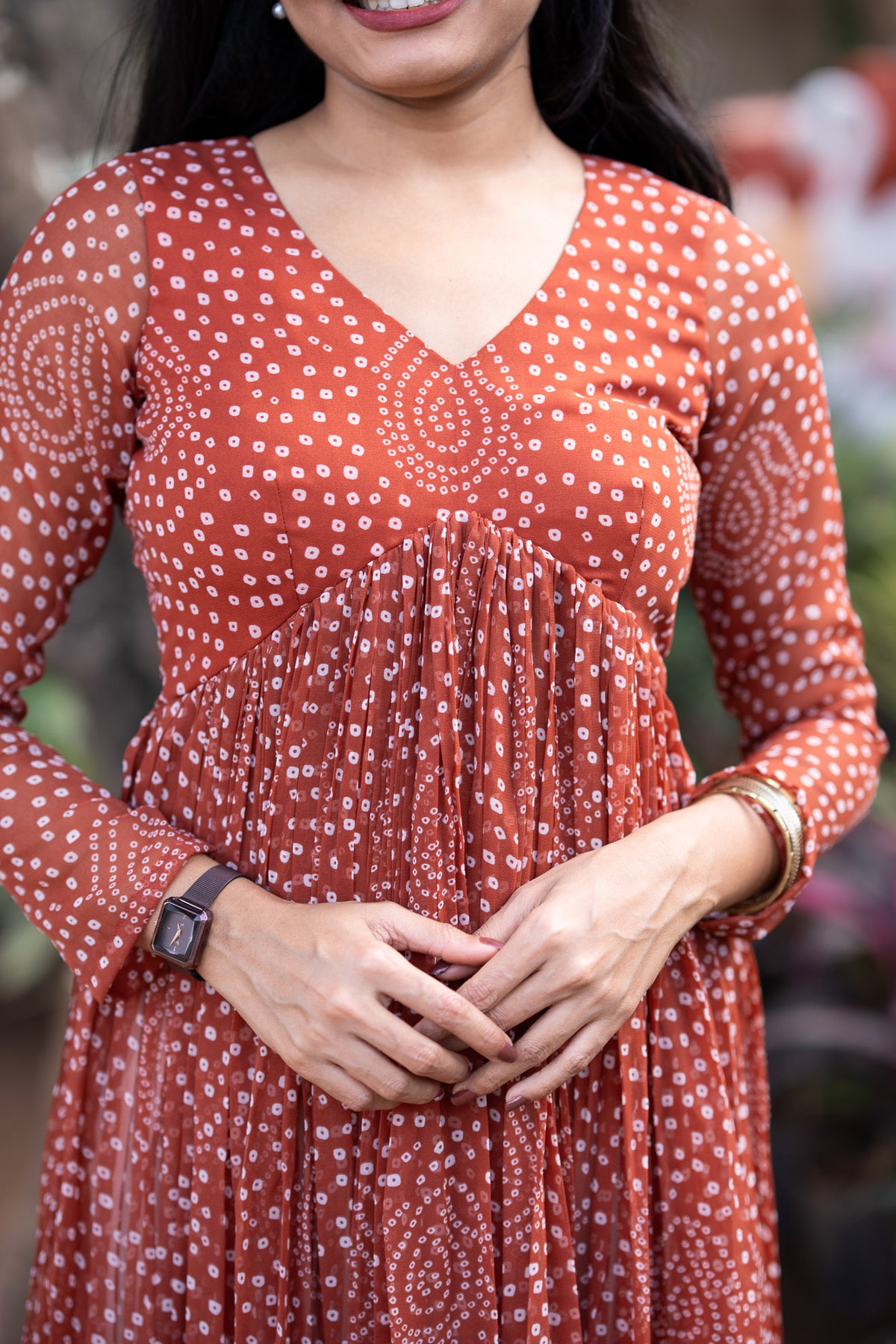Rust Brown Bandhani Chiffon Kurti Set