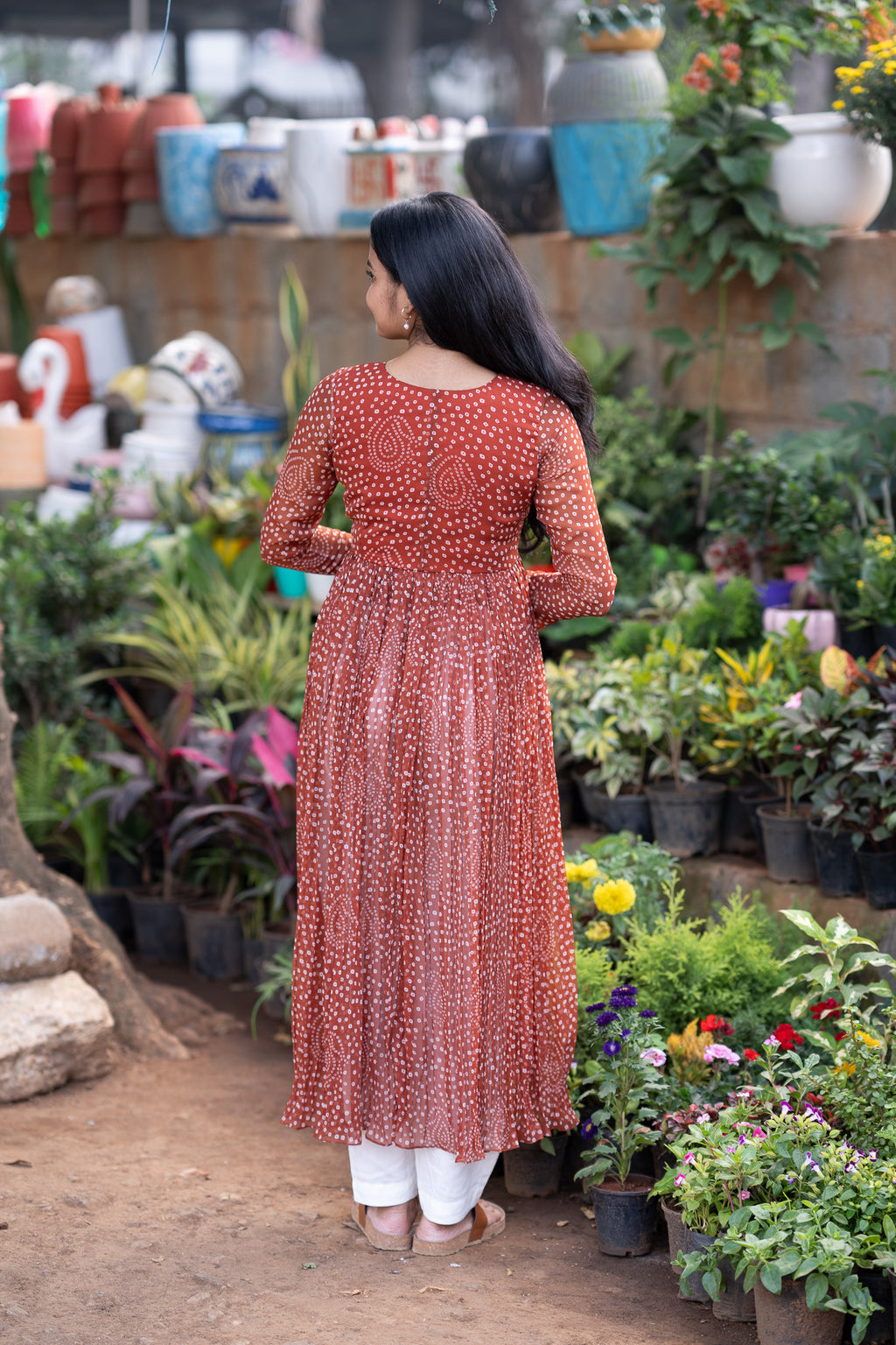 Rust Brown Bandhani Chiffon Kurti Set