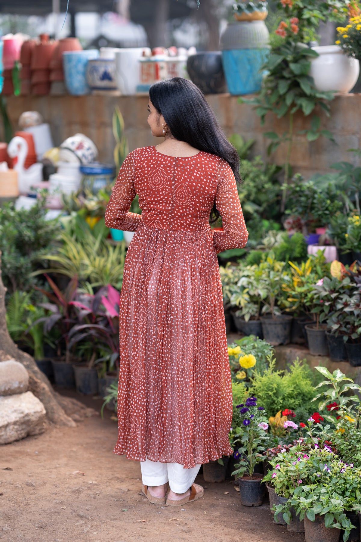 Rust Brown Bandhani Chiffon Kurti Set