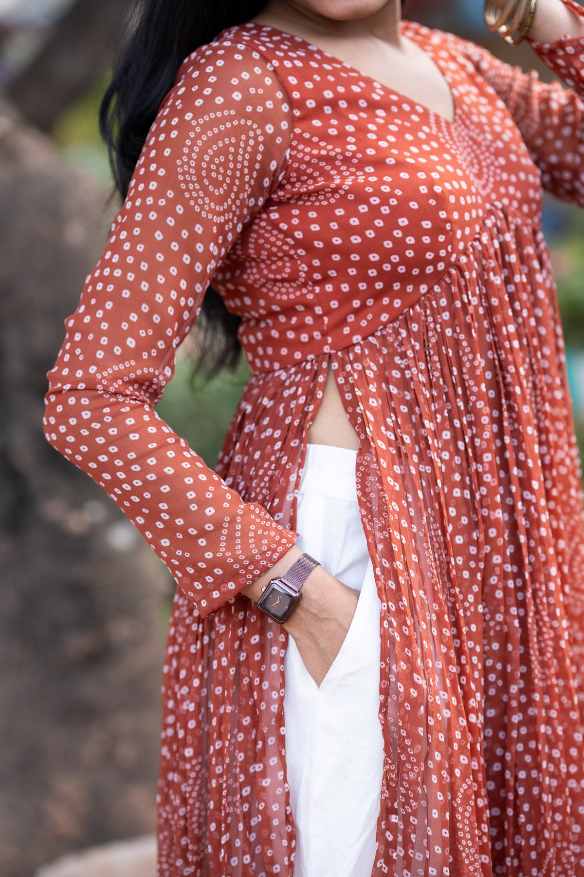 Rust Brown Bandhani Chiffon Kurti Set
