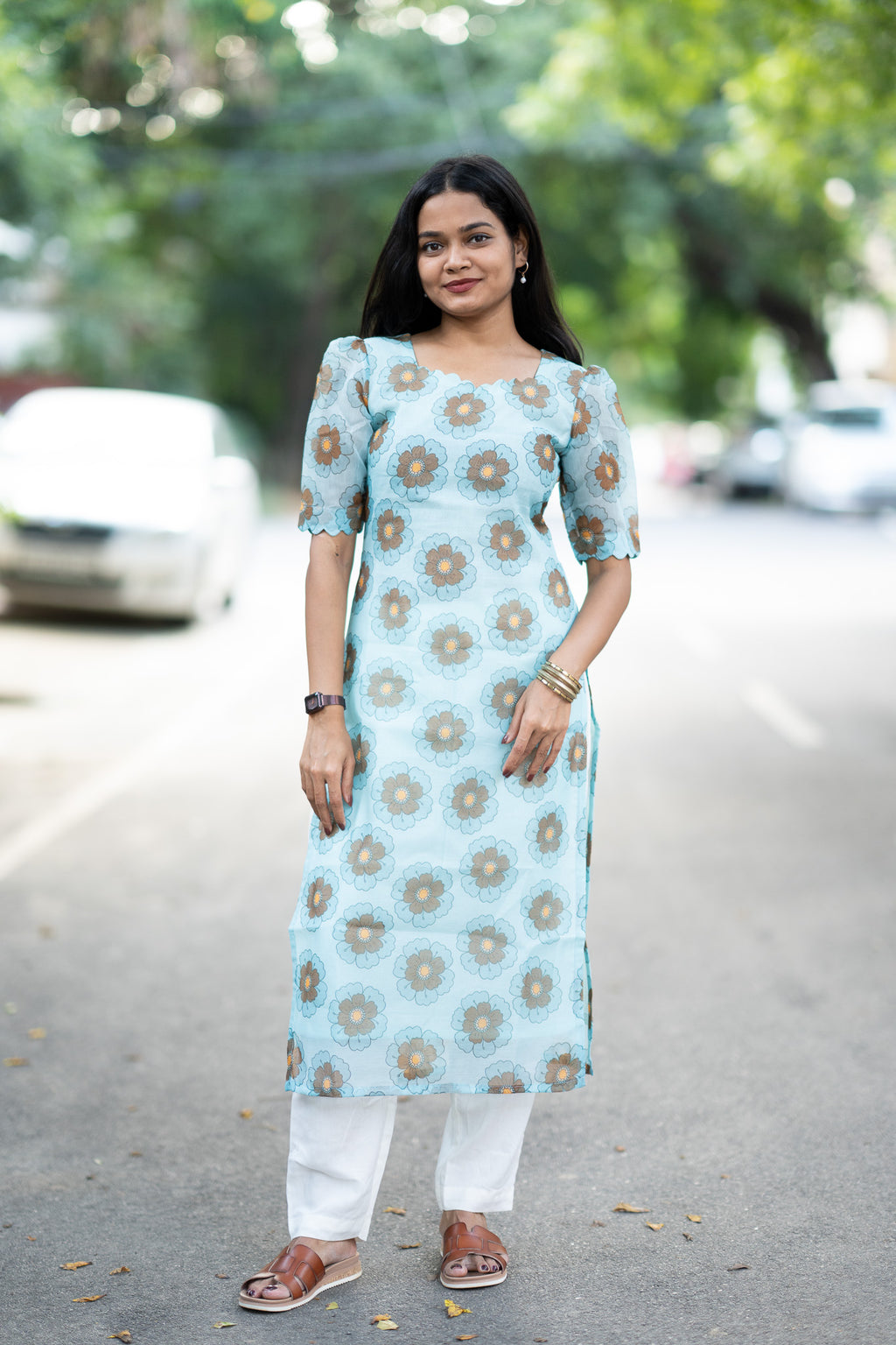 Sky Blue Floral Chanderi Kurti Set