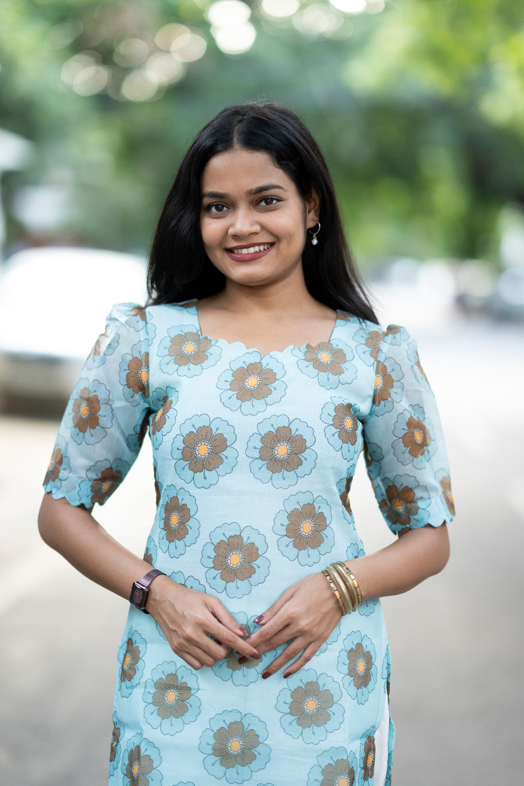 Sky Blue Floral Chanderi Kurti Set